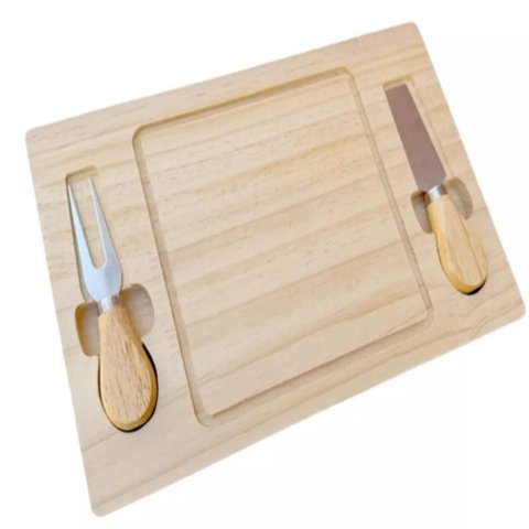 Kit Tábua Queijo Frios Bambu com Talheres Inox Petisqueira