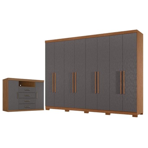 Guarda Roupa Casal 8 Portas 4 Gavetas Master New com Pés e Cômoda Havana Master Jatobá Grafite Aceti