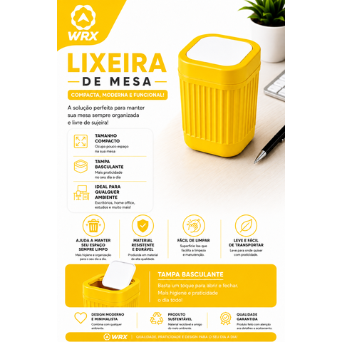 Lixeira de Mesa Compacta com Tampa Basculante:Amarelo