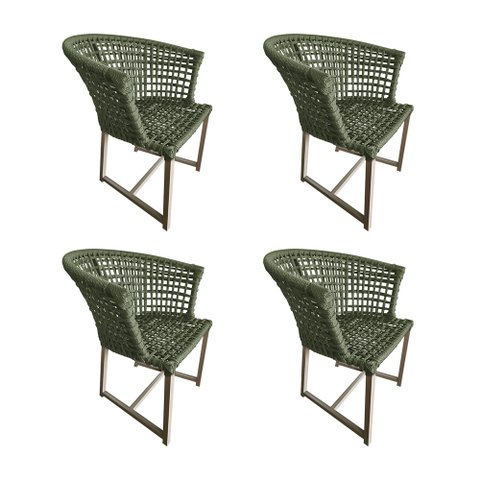 Kit 4 Cadeiras de Jantar Salinas em Corda Naútica Verde Musgo Base Alumínio Rami
