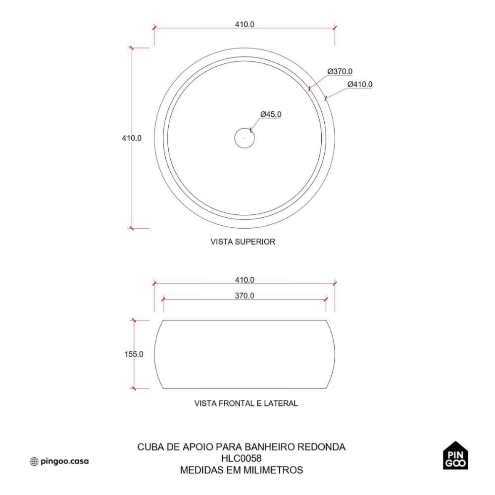 Cuba de Apoio Redonda sem Válvula para Banheiro Louça Cerâmica 41cm Morganita Pingoo.casa - Preto - 6