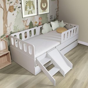 Bicama Solteiro com Escadinha/escorrega 03 Grades e Cabeceira Anatômica Removíveis Branco Housin