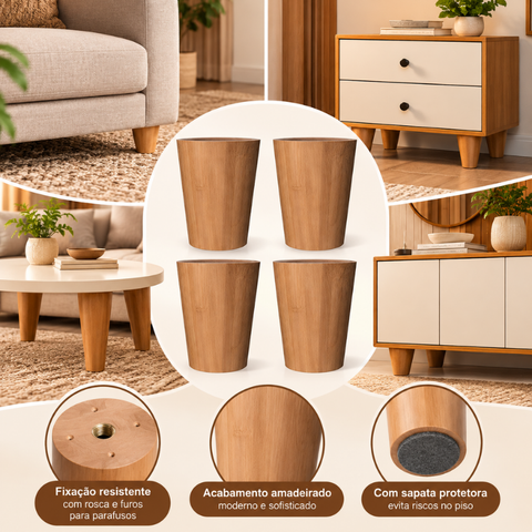 Kit 4 Pés de Madeira para Móveis Modelo Pino Vários Tamanho - 20cm