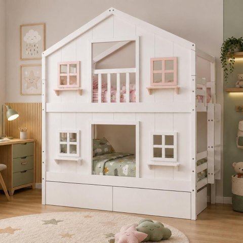 Beliche Infantil Casinha Dos Sonhos com Gavetas e Fechamento Inferior Branco em Madeira Maciça