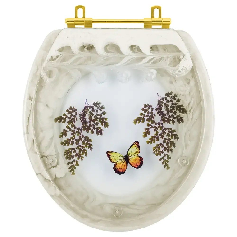 Assento Sanitário Poliéster Oval Bege Decorado Borboleta Amarela Com Ferragem Dourada - 1