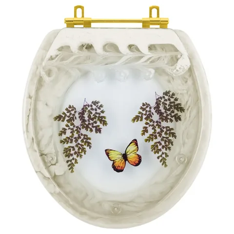 Assento Sanitário Poliéster Oval Bege Decorado Borboleta Amarela Com Ferragem Dourada