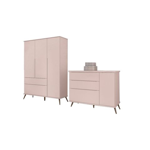 Kit Quarto Infantil Bebê Melinda Retrô com Pés Cômoda 3 Gavetas e Guarda Roupa 3 Portas 2 Gavetas Ro