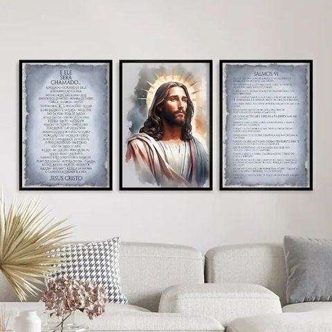 Kit 3 Quadros Jesus Aquarela - Salmos 45x34cm - com Vidro:moldura Preta