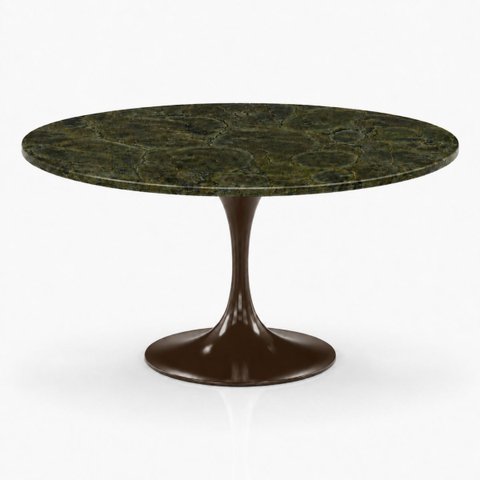 Mesa de Jantar Saarinen Redonda 140 cm Tampo Mármore Verde Vitória Régia Base Laca Marrom Cacau