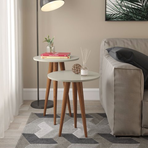 Kit 2 Mesinha Mesa Lateral Apoio Redondo Pés Palito Quarto Mesa de Cabeceira Slim Off White