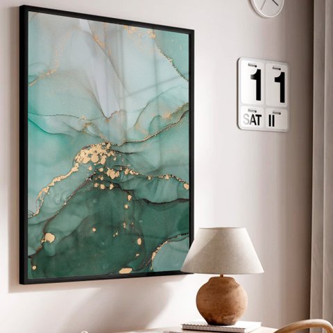 Quadro Decorativo Abstrato Mármore Safira em Moldura Caixa TaColado Moldura Trad 1cm Madeira Escura 