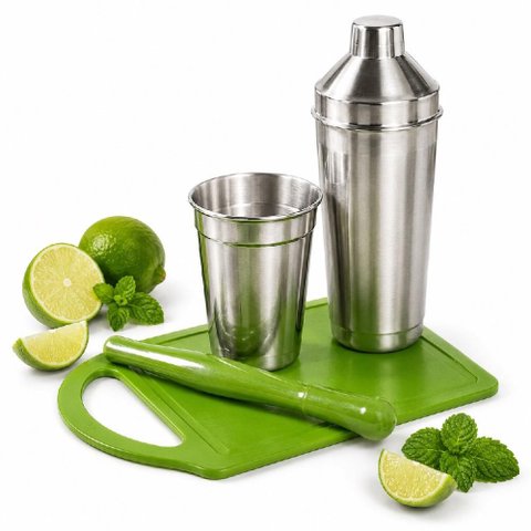 Kit Coqueteleira Completo Socador Tabua Caipirinha 4 Pecas 400ml Preparador Aluminio Bebida Fruta Ca