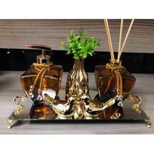 Kit Lavabo Âmbar / Marrom Vidros Cheios Aroma Vaso Sabonete