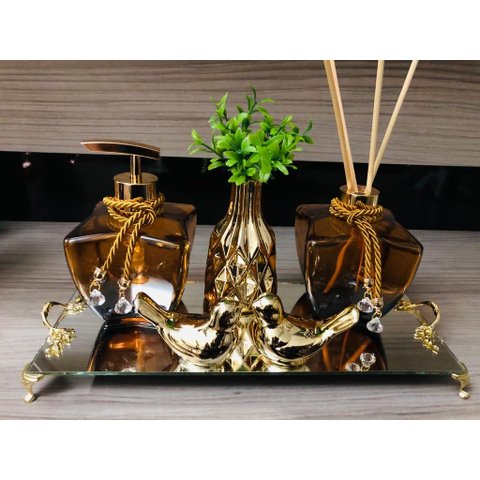 Kit Lavabo Âmbar / Marrom Vidros Cheios Aroma Vaso Sabonete