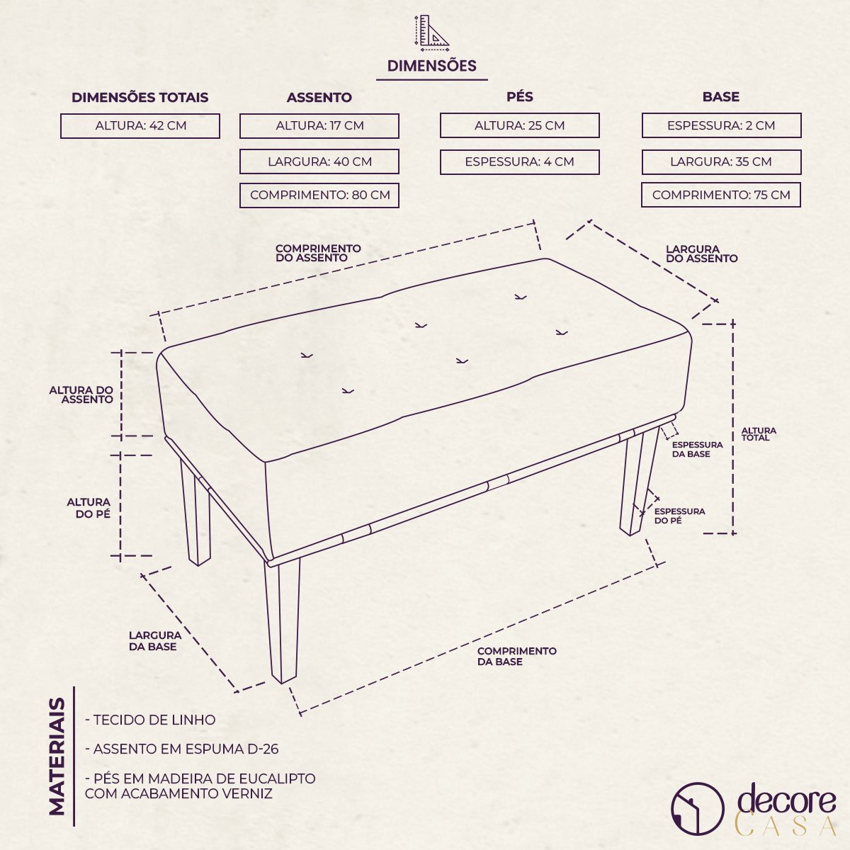 Puff Recamier Compacto Lounge Sala e Quarto em Linho 80x40 - Bege Claro - 8