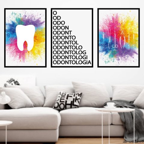 Kit 3 Quadros Odontologia, Dente - Colorido 33x24cm - com vidro:Madeira preta