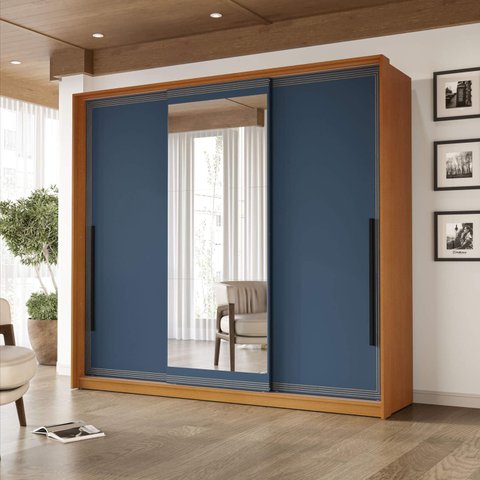 Guarda Roupa Casal 220cm 3 Portas de Correr com Espelho 240854 Valência Politorno Móveis