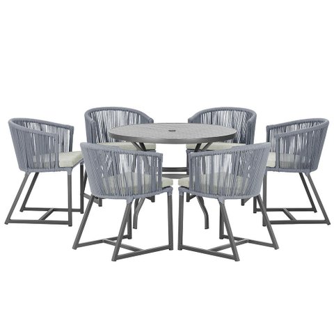Mesa com 6 Cadeiras de Jantar Roma 120cm e Noronha em Alumínio Preto Corda Náutica Estofado 3 Trama