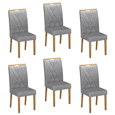 Kit 6 Cadeiras para Sala de Jantar Pés em Madeira Maciça Lara Cinza/Cinamomo/Linho Prata