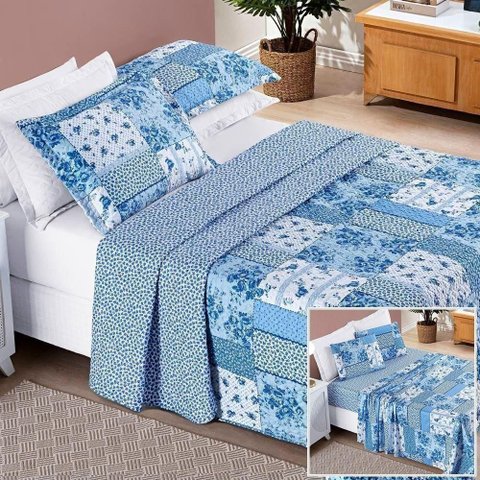 Colcha + Jogo de Cama Bouti Estampado King 07 Peças 100% Poliéster - Azul Sereno