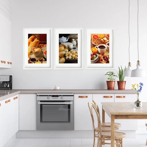 Kit 3 Quadros Grandes Café da Manhã 60x48cm:moldura Branca