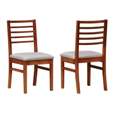 Kit 2 Cadeiras Tiê Madeira Maciça Encosto Ripado - Amêndoa Linho Bege