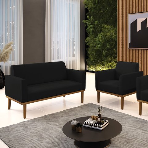 Conjunto Poltrona e Namoradeira Decorativa Isabella Pés Fixo em Madeira Castanho Linho Preto G19 - G