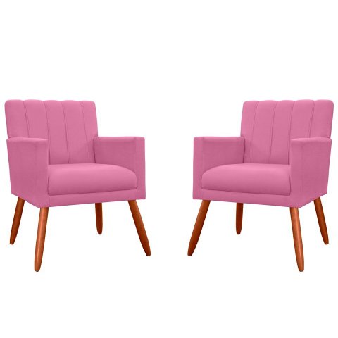 Kit 2 Poltronas Decorativa Cecília Suede Rosa Pés Madeira Mz Decor