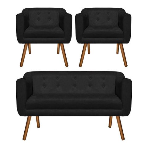 Kit Sofá Namoradeira 02 Lugares e 02 Poltronas Julia Preto