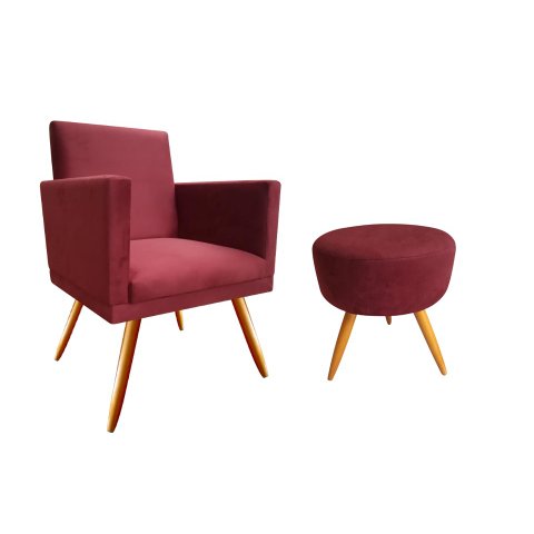 Kit Poltrona Decorativa Bia + Puff Redondo Suede Marsala Pés Madeira Mz Decor