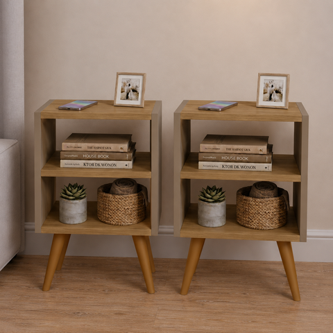 Kit Mesa de Cabeceira com 2 Nichos e Pés Palito Estilo Escandinavo para Quarto Moderno