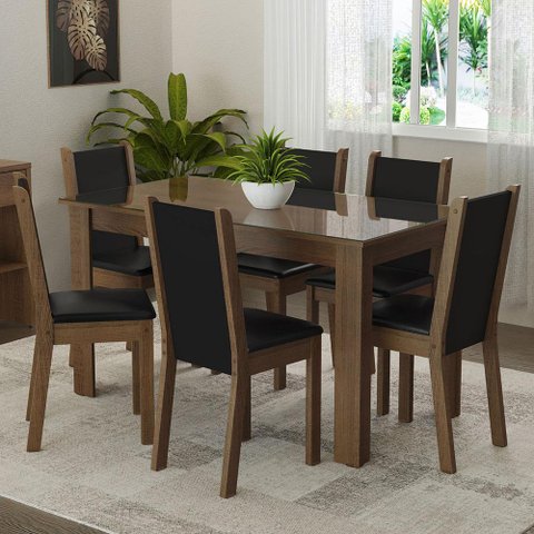 Conjunto Sala de Jantar Mesa Tampo de Vidro 6 Cadeiras Rustic/preto Heloísa Madesa