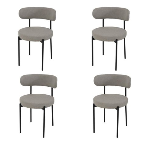 Conjunto 4 Cadeiras Jantar Linho Cinza Camelia Encosto Curvo Base Preta Moderna para Sala Cozinha