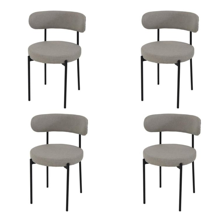 Conjunto 4 Cadeiras Jantar Linho Cinza Camelia Encosto Curvo Base Preta Moderna para Sala Cozinha