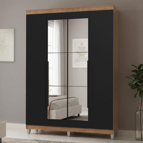 Guarda-Roupa Solteiro com Pés 4 Portas Batentes com Espelho Rustic/Preto/Preto Netuno Madesa