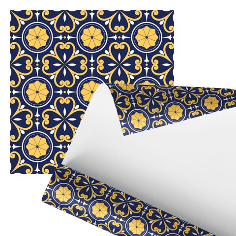 Papel de Parede Adesivo Arabesco Retro Azul Amarelo 2,80m