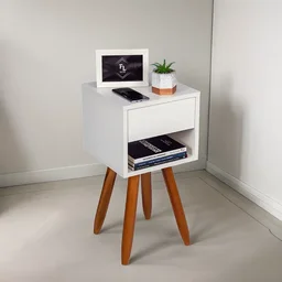 Mesa de Cabeceira Retrô 30cm Branco Gaveta e Nicho Pés Palito Madeira Maciça - Enviamos Montado - 1