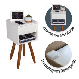 Mesa de Cabeceira Retrô 30cm Branco Gaveta e Nicho Pés Palito Madeira Maciça - Enviamos Montado - 5