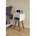 Ver mais imagens de Mesa de Cabeceira Retrô 30cm Mdf Branco Gaveta e Nicho Pés Palito Madeira Maciça - Enviamos Montado