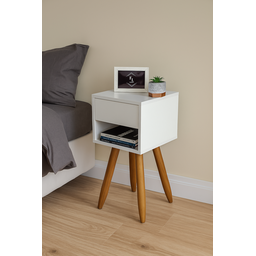 Mesa de Cabeceira Retrô 30cm Mdf Branco Gaveta e Nicho Pés Palito Madeira Maciça - Enviamos Montado - 8