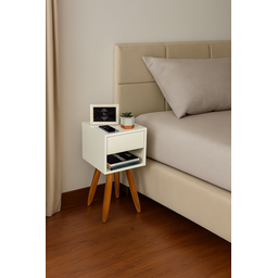Mesa de Cabeceira Retrô 30cm Mdf Branco Gaveta e Nicho Pés Palito Madeira Maciça - Enviamos Montado - 10