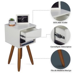 Mesa de Cabeceira Retrô 30cm Branco Gaveta e Nicho Pés Palito Madeira Maciça - Enviamos Montado - 4
