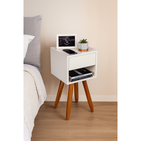 Mesa de Cabeceira Retrô 30cm Mdf Branco Gaveta e Nicho Pés Palito Madeira Maciça - Enviamos Montado