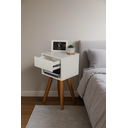 Ver imagem 4 de Mesa de Cabeceira Retrô 30cm Mdf Branco Gaveta e Nicho Pés Palito Madeira Maciça - Enviamos Montado