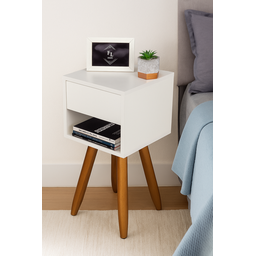 Mesa de Cabeceira Retrô 30cm Mdf Branco Gaveta e Nicho Pés Palito Madeira Maciça - Enviamos Montado - 6