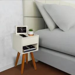 Mesa de Cabeceira Retrô 30cm Branco Gaveta e Nicho Pés Palito Madeira Maciça - Enviamos Montado - 6