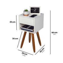 Mesa de Cabeceira Retrô 30cm Branco Gaveta e Nicho Pés Palito Madeira Maciça - Enviamos Montado - 2