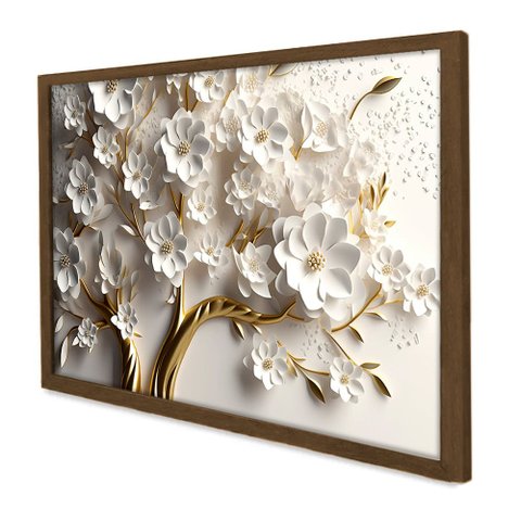 Quadro Decorativo Floral Luxo Primavera Branca em Moldura Caixa Tacolado Moldura Trad 1cm Madeira Es