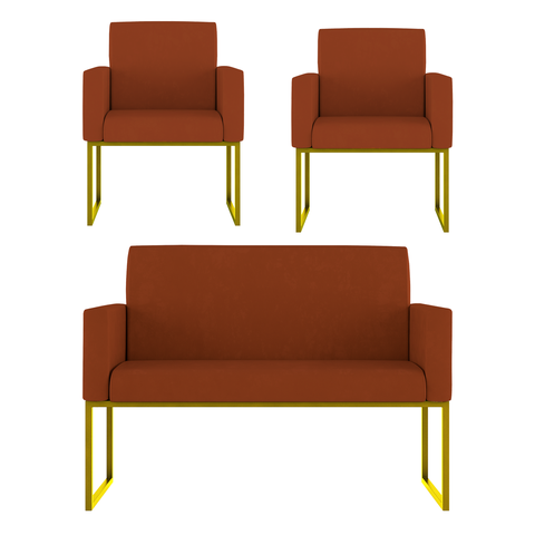 Kit Sofá 2 Lugares + 2 Poltronas Recepção Sala Base Dourada Cor:terracota