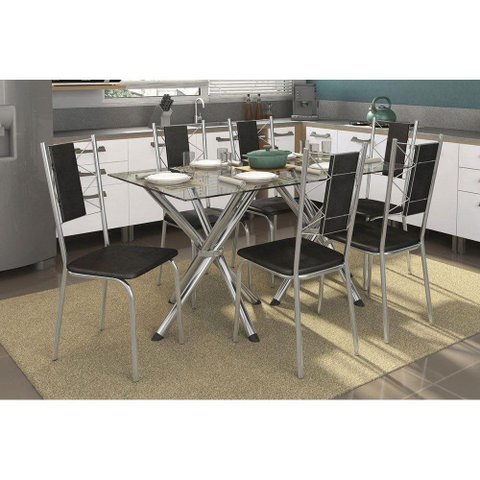 Sala de Jantar Completa Volga c/ Tampo Vidro 150cm + 6 Cadeiras Lisboa Cromado/Courano Preto -